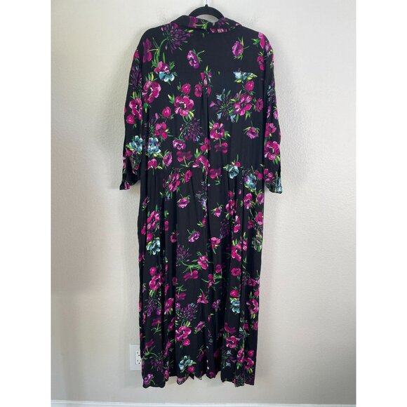 Woman Within Plus 28W Black Floral Long Button Up Maxi Dress Roll Tab Sleeve - Picture 9 of 9